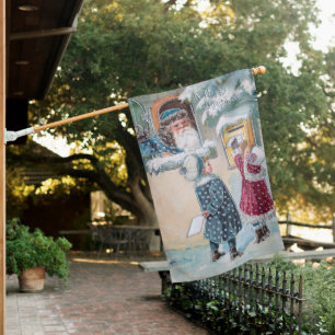 Vintage Children Mailing Letters to Santa in Snow House Flag