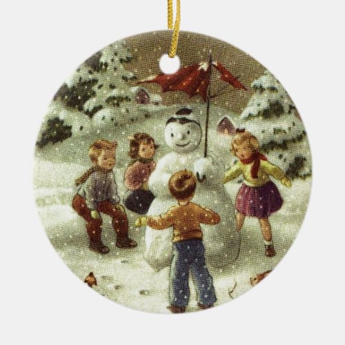 Vintage Children Making a snowman Ceramic Ornament