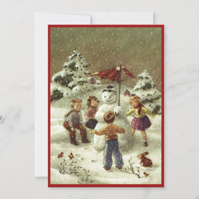 Vintage Children Making A Snowman Holiday Card (Front)