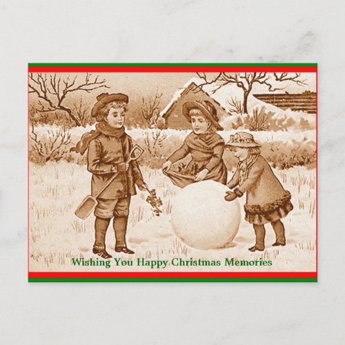 Vintage Children Making Snowman Memories Postcard