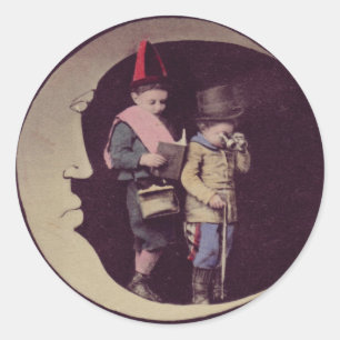 Vintage Children On A Crescent Moon Classic Round Sticker