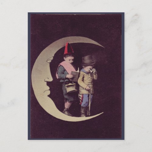 Vintage Children On A Crescent Moon Postcard