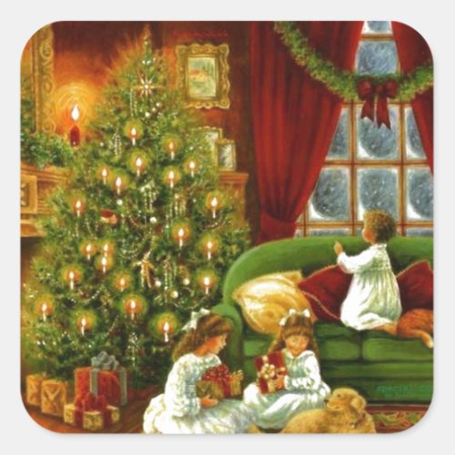 Vintage Children Opening Christmas Gifts Square Sticker