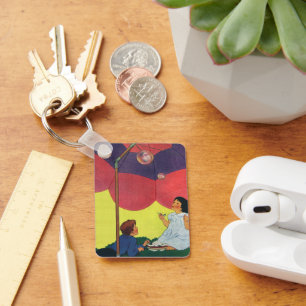 Vintage Children Play Girl and Boy Blowing Bubbles Keychain