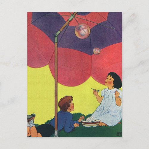 Vintage Children Play Girl and Boy Blowing Bubbles Postcard
