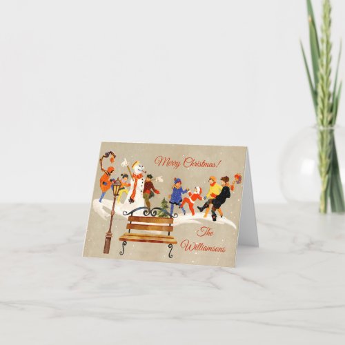 Vintage Children Play in Snow Charming  Holiday Card