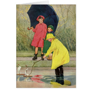 Vintage Children Playing in Puddles "A Rainy Day" Cards