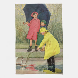 Vintage Children Playing in Puddles "A Rainy Day" Kitchen Towel