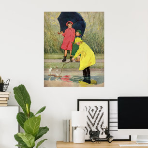 Vintage Children Playing in Puddles "A Rainy Day" Poster