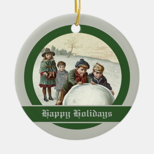 Vintage children playing in winter ceramic ornament