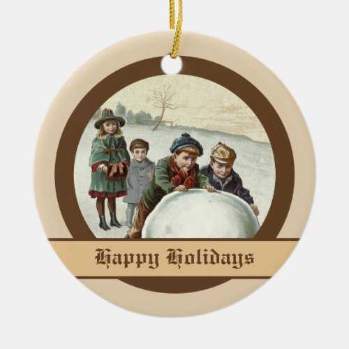 Vintage children playing in winter ceramic ornament