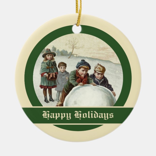 Vintage children playing in winter ceramic ornament (Front)
