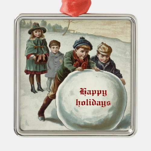 Vintage Children playing in winter Metal Ornament