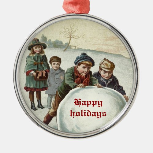 Vintage Children playing in winter Metal Ornament