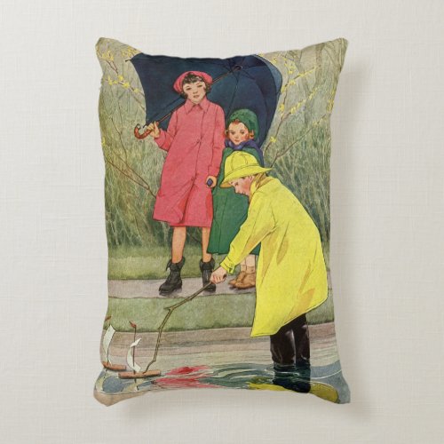 Vintage Children Playing Puddles Toy Boats Rain Accent Pillow