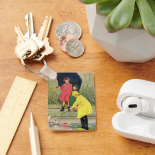 Vintage Children Playing Puddles Toy Boats Rain Keychain