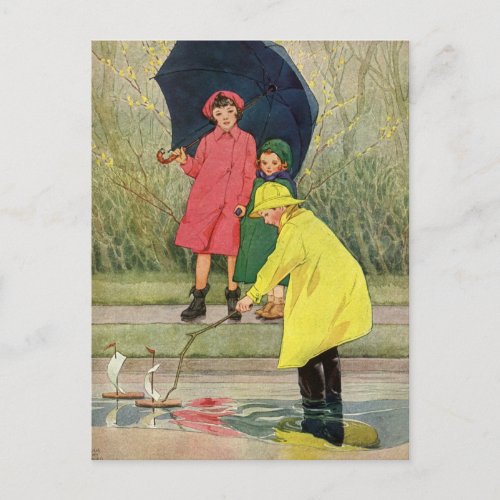 Vintage Children Playing Puddles Toy Boats Rain Postcard