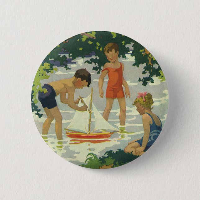 Vintage Children Playing Toy Sailboats Summer Pond Button (Front)