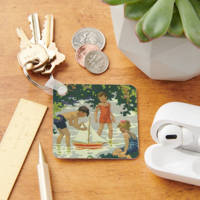 Vintage Children Playing Toy Sailboats Summer Pond Keychain (Desk)