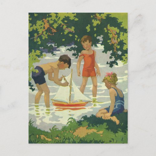 Vintage Children Playing Toy Sailboats Summer Pond Postcard