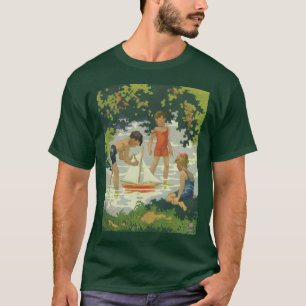 Vintage Children Playing Toy Sailboats Summer Pond T-Shirt