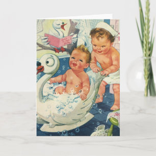 Vintage Children Playing w Bubbles in Swan Bathtub Card
