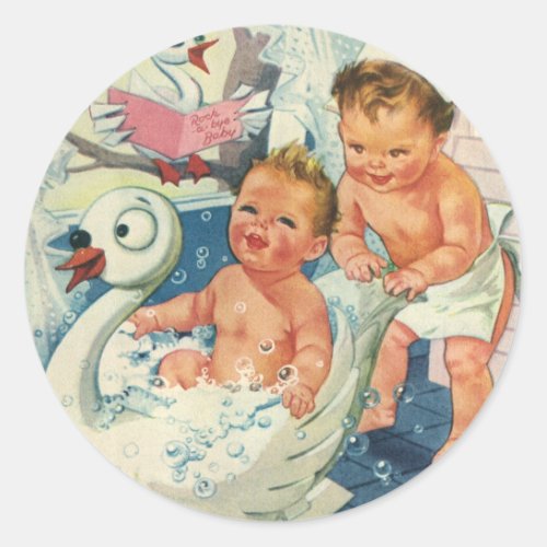 Vintage Children Playing w Bubbles in Swan Bathtub Classic Round Sticker