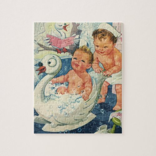 Vintage Children Playing w Bubbles in Swan Bathtub Jigsaw Puzzle