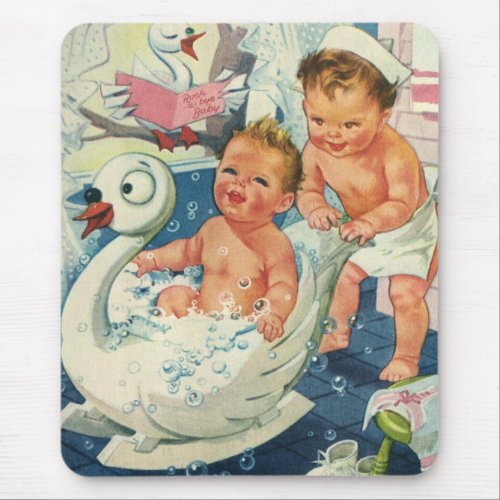 Vintage Children Playing w Bubbles in Swan Bathtub Mouse Pad