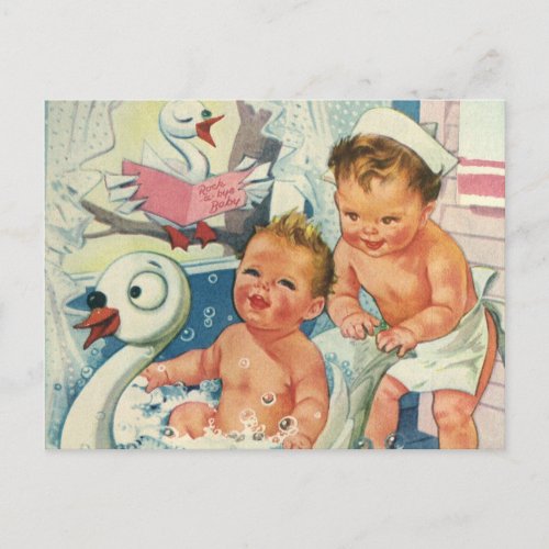 Vintage Children Playing w Bubbles in Swan Bathtub Postcard