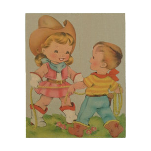 Vintage children playing wood art