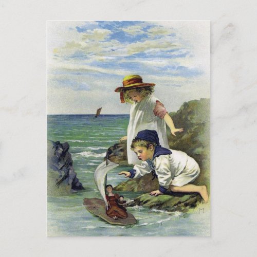 Vintage Children put Doll to Sea Postcard