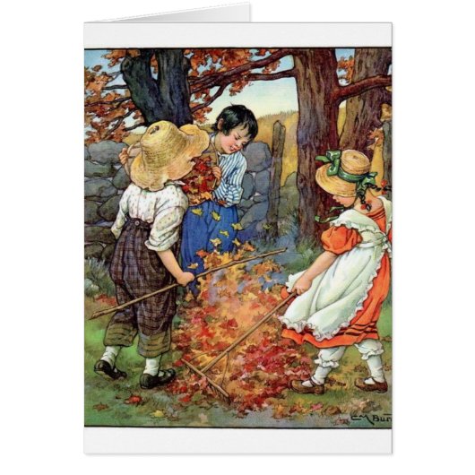 Vintage - Children Raking Fall Leaves, (Front)