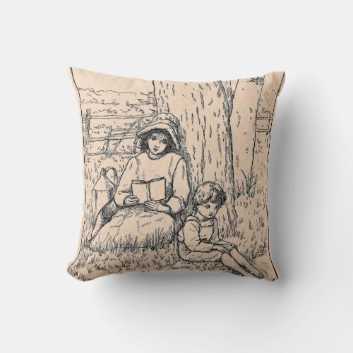 Vintage Children Reading Book Under Tree Throw Pillow