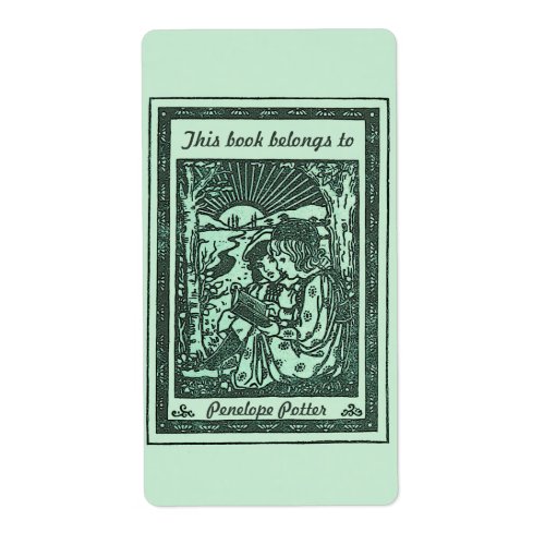 Vintage Children Reading Bookplate in Mint Green 