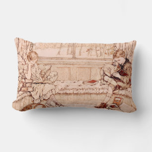 Vintage Children Reading cozy Illustration Lumbar Pillow