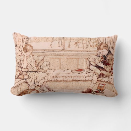 Vintage Children Reading cozy Illustration  Lumbar Pillow
