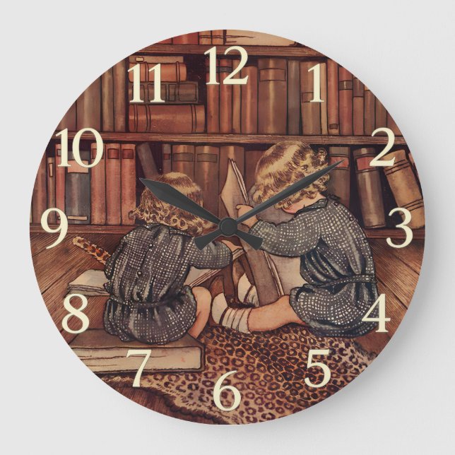 Vintage Children Reading in Library Illustration  Large Clock (Front)