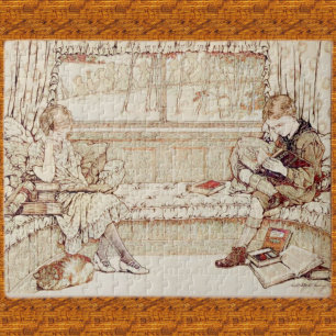 Vintage children reading jigsaw puzzle