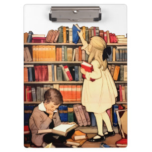 Vintage Children Reading Library Books Clipboard