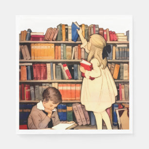 Vintage Children Reading Library Books Napkins