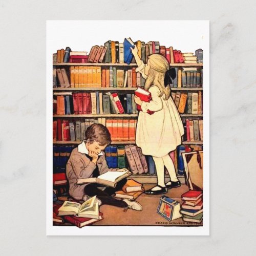 Vintage Children Reading Library Books Postcard