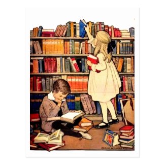 Vintage Children Reading Library Books Postcard