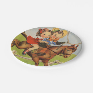 Vintage Children Riding a Horse Playing Cowboys Paper Plates