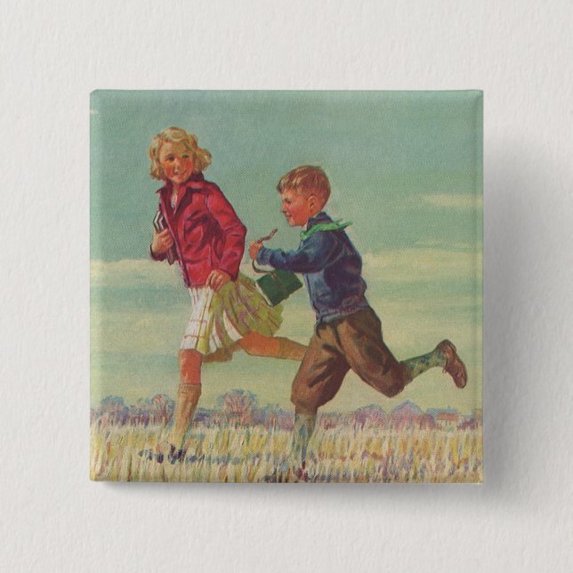 Vintage Children Running to School Carrying Books Button (Front)