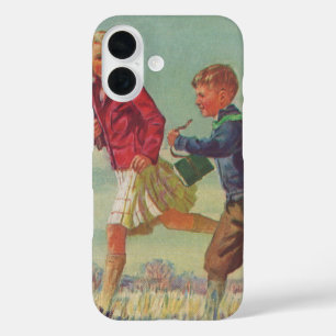 Vintage Children Running to School Carrying Books iPhone 16 Case