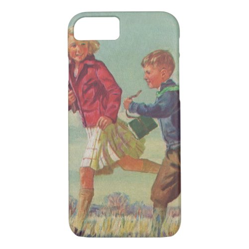 Vintage Children Running to School Carrying Books iPhone 87 Case