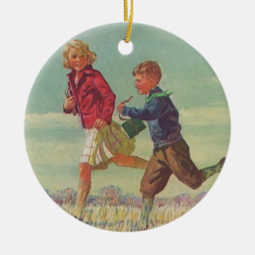 Vintage Children Running to School Carrying Books Ceramic Ornament