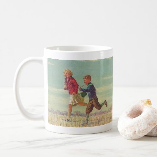 Vintage Children Running to School Carrying Books Coffee Mug