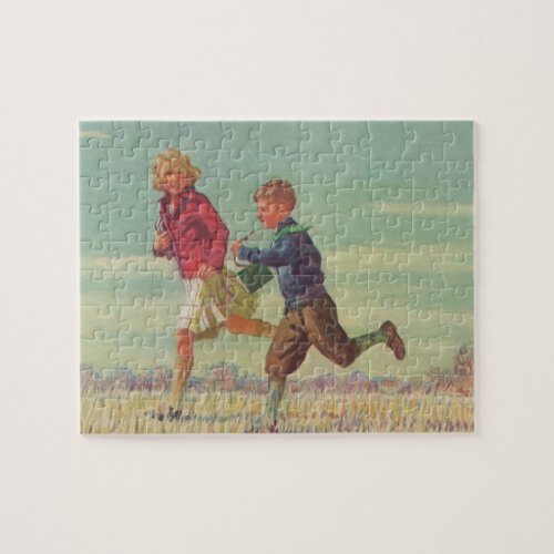 Vintage Children Running to School Carrying Books Jigsaw Puzzle